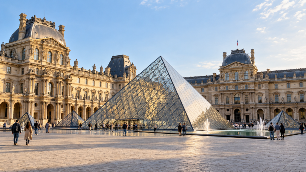 architectural photograph of the Louvre Museum courtyard in Paris, famous glass pyramid surrounded by the historic Louvre Palace, detailed classical French architecture,
