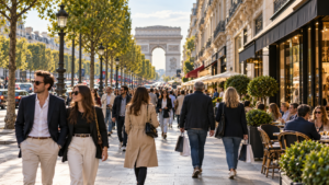 street photograph along the Champs-Elysees in Paris, wide tree-lined boulevard with elegant historic buildings