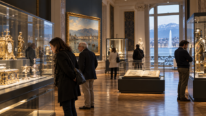 elegant Geneva museum gallery, adult visitors quietly examining historical exhibits and carefully illuminated glass display cases, sophisticated modern museum interior with authentic architectural details,