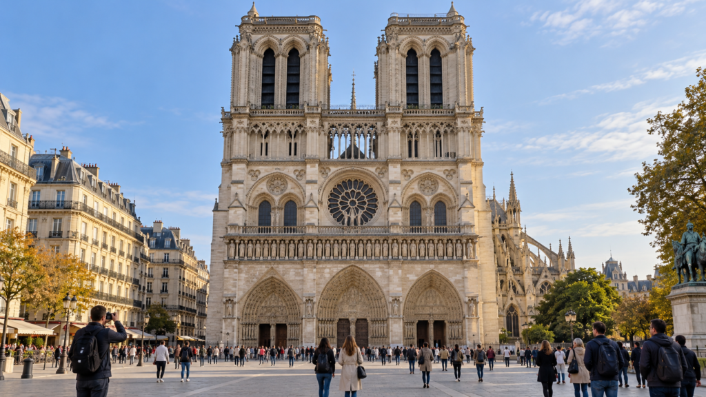 architectural travel photograph of Notre-Dame Cathedral in central Paris, accurately restored Gothic cathedral façade with twin towers and intricate stone carvings,