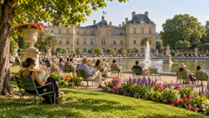 Luxembourg Gardens in Paris, beautifully maintained green lawns, colourful flowerbeds and classic French garden chairs surrounding a tranquil fountain,