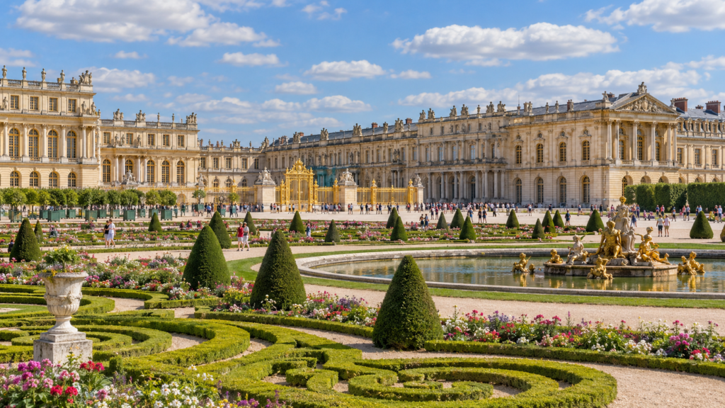 realistic architectural photograph of the Palace of Versailles near Paris, grand golden-gated royal palace and elegant classical French architecture